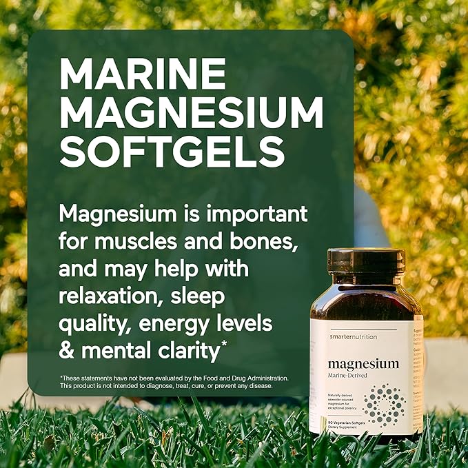 Smarter Nutrition Marine Magnesium Supplement 300mg - Naturally Sourced Clinically Tested Magnesium + Avocado Oil &amp AstraGin for High Absorption - Non-GMO (90 Count (Pack of 1))
