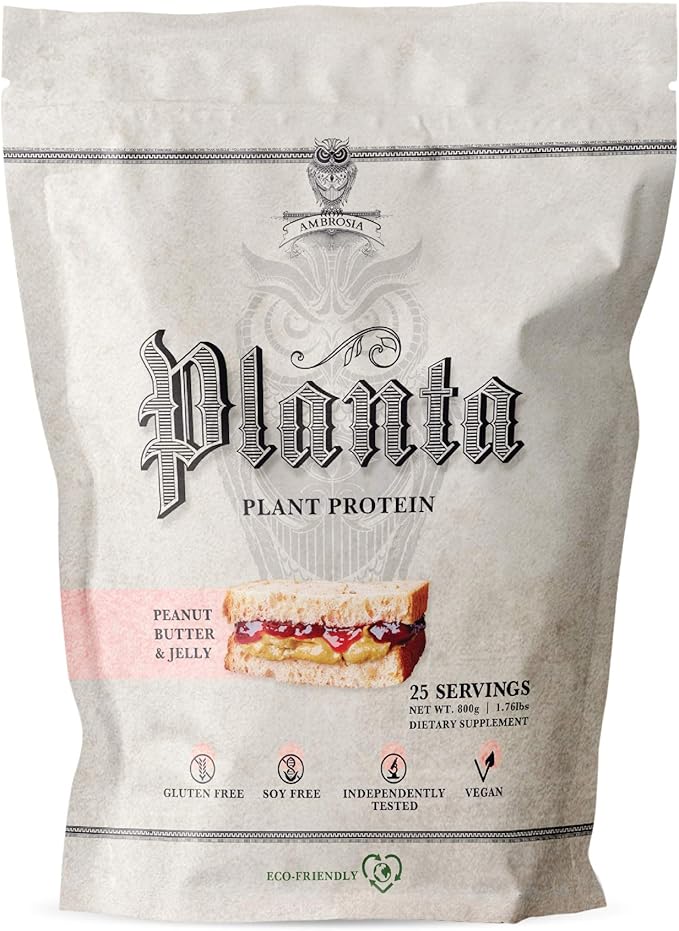 Ambrosia Planta - Plant-Based Protein Powder 20g | Dairy Free Vegan Protein Powder with BCAA Amino Acids | Keto-Friendly No Added Sugar | 25 Servings | Peanut Butter &amp Jelly