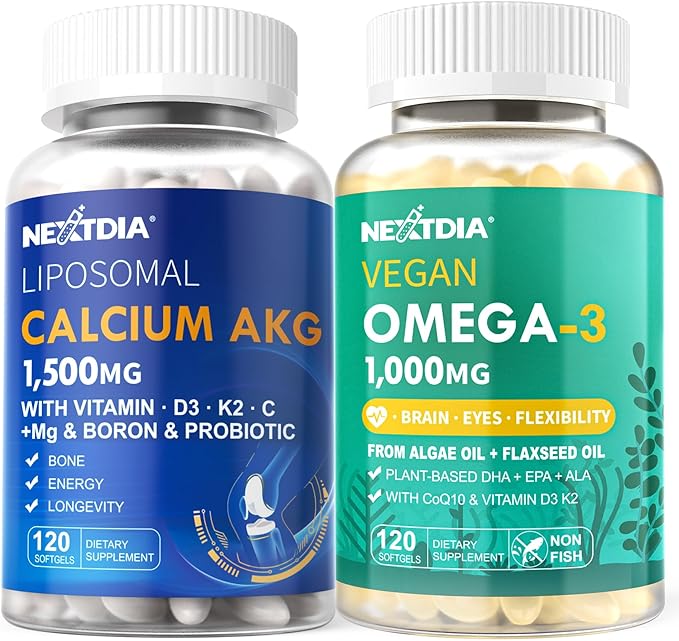 Liposomal Calcium AKG Supplement 1500mg + Vegan Omega 3 Supplement 1000mg