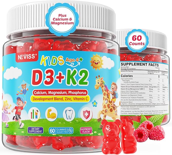 Vitamin D3 K2 Gummies for Kids + Calcium Magnesium Zinc Phosphorus Vitamin C Kids Multivitamin D3 &amp K2 Supplement for Bṏne Health Calcium Absorption Focus &amp Immunity Non GMO Sugar Fre