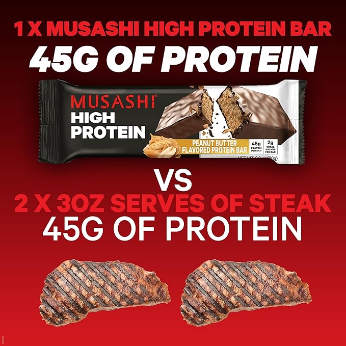MUSASHI High Protein Bar 45g Protein 2g Total Sugars Cookies &amp Cream Post Workout and Protein Snack On The Go 12 Pack of 3.2oz (90g) Bars