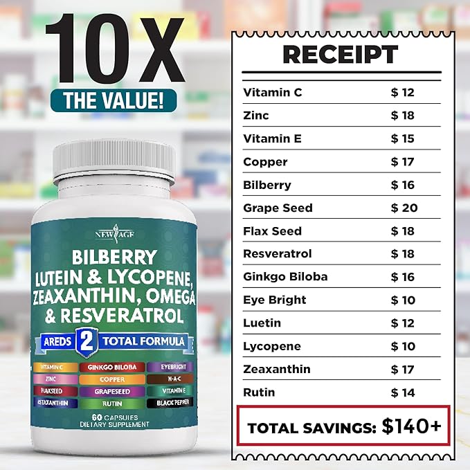 NEW AGE Eye Health Vitamins with Bilberry Lutein &amp Zeaxanthin Lycopene Resveratrol Grape Seed Astaxanthin - Eye Vitamin - 60 Count