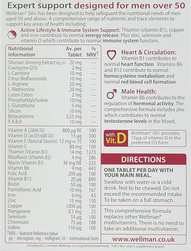UK's Wellman 50+ Tablets | 30 Nutrients - Contributes to Reduce Tiredness &amp Fatigue (Pack of 1)
