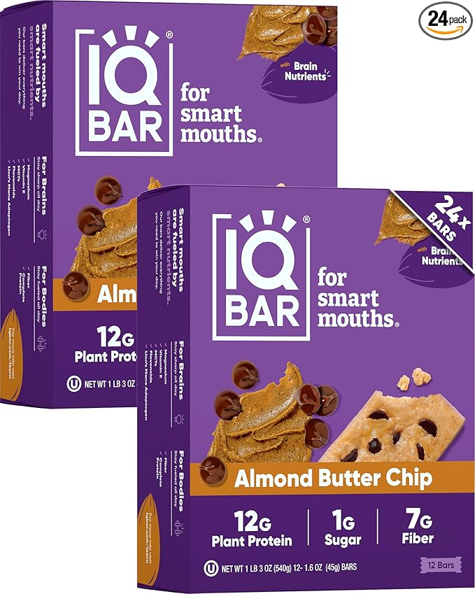 IQBAR Clean Plant Protein Bars - Almond Butter Chip - 24 Count - Keto Vegan High Fiber Gluten and Dairy Free Low Sugar Snack - Brain and Body Nutrients for Focus Energy Meal Replacement