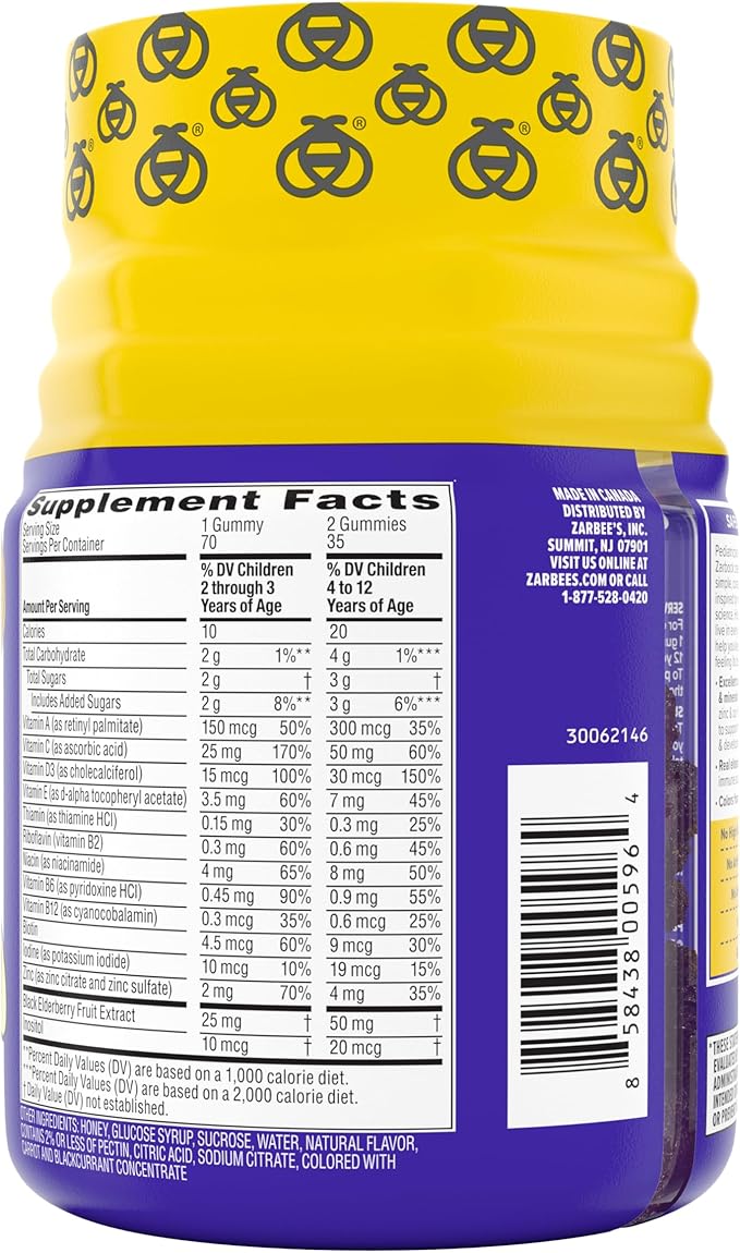 Zarbee's Complete Kids Multivitamin Gummies + Immune Support Berry Flavor Honey-Sweetened Gluten-Free &amp Gelatin-Free Vitamins A C D3 E B6 B12 Folic Acid &amp B-Complex 70 Count (Pack o