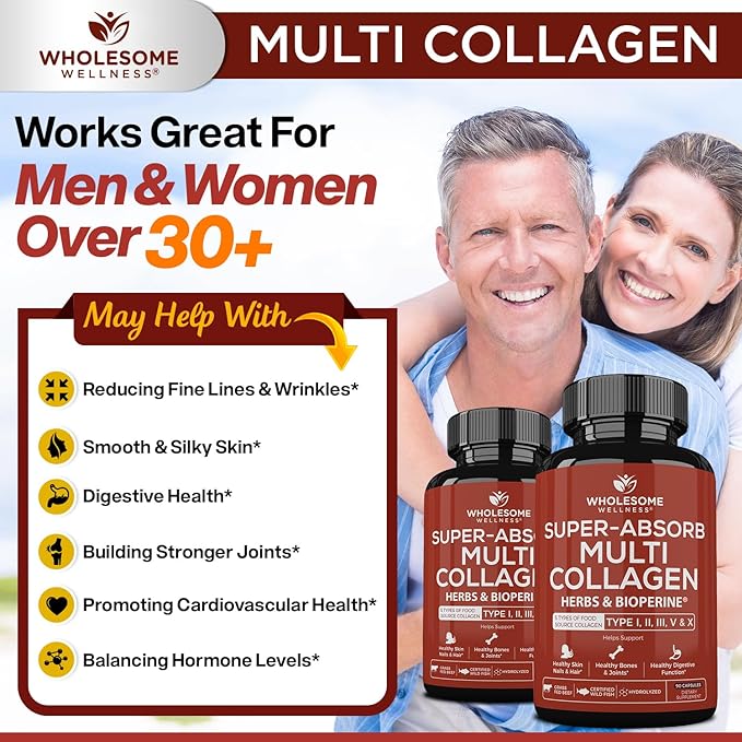 Wholesome Wellness Super-Absorb Multi Collagen Pills (Type I II III V X) Organic Herbs &amp Bioperine - Hair Skin Nails - Hydrolyzed Peptides Protein Supplement for Women &amp Men (90 Capsules)