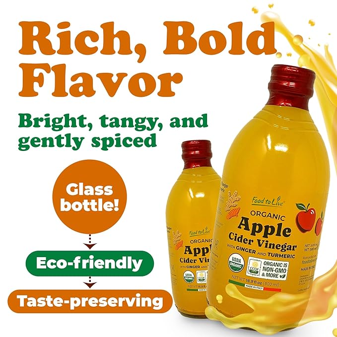 Food To Live Organic Apple Cider Vinegar with Ginger and Turmeric 500 ml – Raw Italian Unfiltered Unpasteurized Non-GMO Vegan Bulk Glass Bottle (Pack of 2)