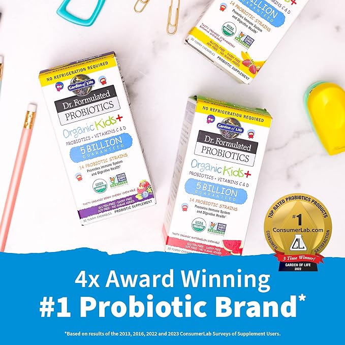 Garden of Life Dr. Formulated Probiotics Platinum Series Restore 200 Billion &amp Dr. Formulated Probiotics Organic Kids+ Plus Vitamin C &amp D - Berry Cherry