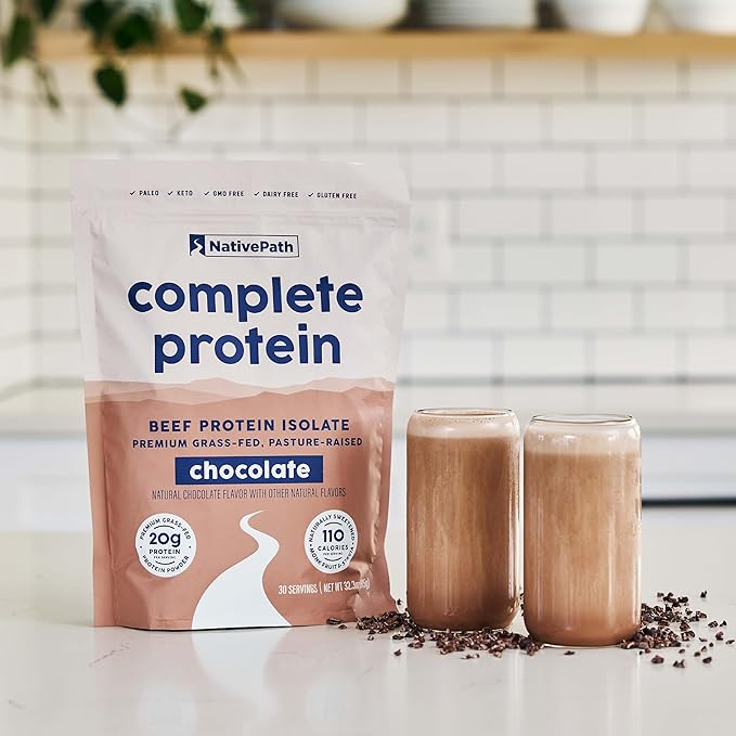 NativePath Complete Beef Protein Powder Isolate – Grass-Fed Pasture-Raised Dairy &amp Lactose Free Gluten Free Zero Sugar MCTs &amp Amino Acids – 20g Protein Chocolate Flavor 30 Servings