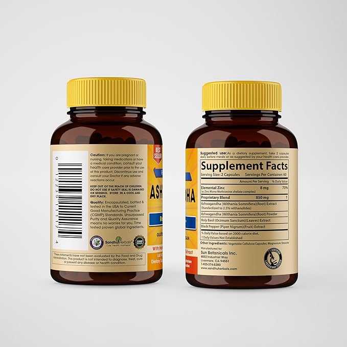 Sandhu Herbals Zinc 30mg Supplement and Organic 4 in 1 Ashwagandha Capsules with Zinc| Supports Healthy Skin Immune System| Non-GMO