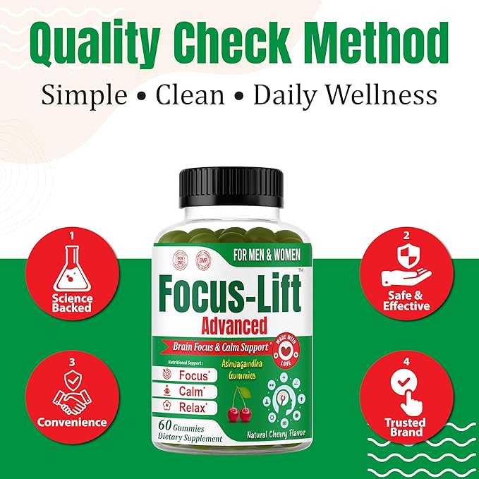 Focus-Lift Ashwagandha Gummies for Adults – Brain Supplement for Men &amp Women - Ashwagandha Supplements Calm Gummies for Stress Support Brain Health &amp Memory – 60 Gummies