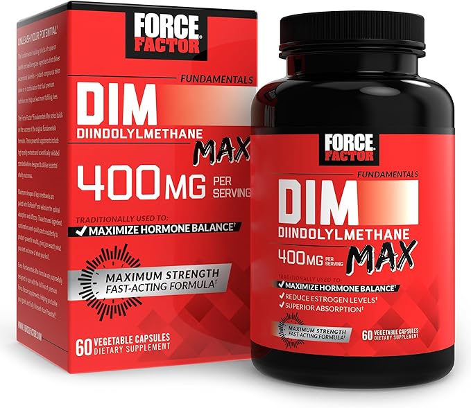Force Factor DIM Max DIM Supplement 400mg Estrogen Balance for Women &amp Men Extra Strength for Hormonal Acne Metabolism Menopause PCOS Diindolylmethane Superior Absorption 60 Capsules