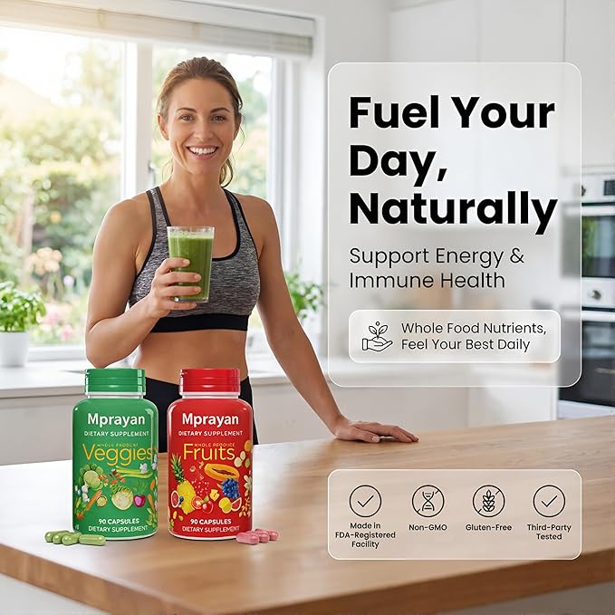 Fruit and Veggie Superfood for Natural Energy &amp Immune Support | 30+ Whole Foods Vegan Non-GMO | 90 Fruit + 90 Veggie Capsules – 30-Day Supply (2-Bottle Set)