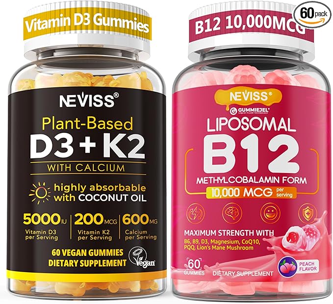 NEVISS 2Pack Vitamin D3 5000iu &amp K2(as MK7) 200mcg Gummies + 600mg Calcium + 1 Pack Liposomal Methyl B12 5000 mcg/10000 mcg