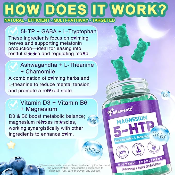 5HTP Gummies + GABA - Melatonin Free -Magnesium Glycinate Ashwagandha L-Theanine L-Tryptophan &amp Vitamin D3 | Relaxation &amp Calm Gummies | Nighttime Support for Adults 2 Pack