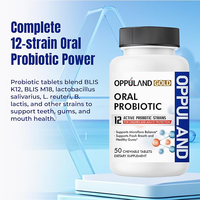 Oral Probiotic with 12 Probiotic Strains BLIS K12 M18 B. lactis &amp L. Reuteri - Dental Care - Fresh Breath &amp Gum Health - Easy to Take for Adults &amp Kids - Scentless - 50 Chewable Tablets