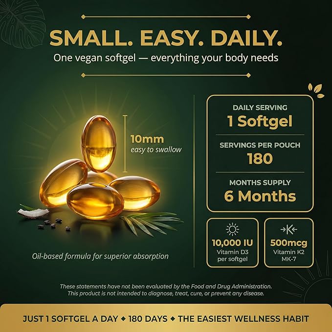 Vitamin D3 10000 IU + K2 MK-7 (500mcg) | High-Strength Vegan D3 from Lichen | Omega-3 DHA/EPA Astaxanthin Black Seed Oil &amp Algal DHA | Immune Bone Heart &amp Muscle Support | 180 Softgels