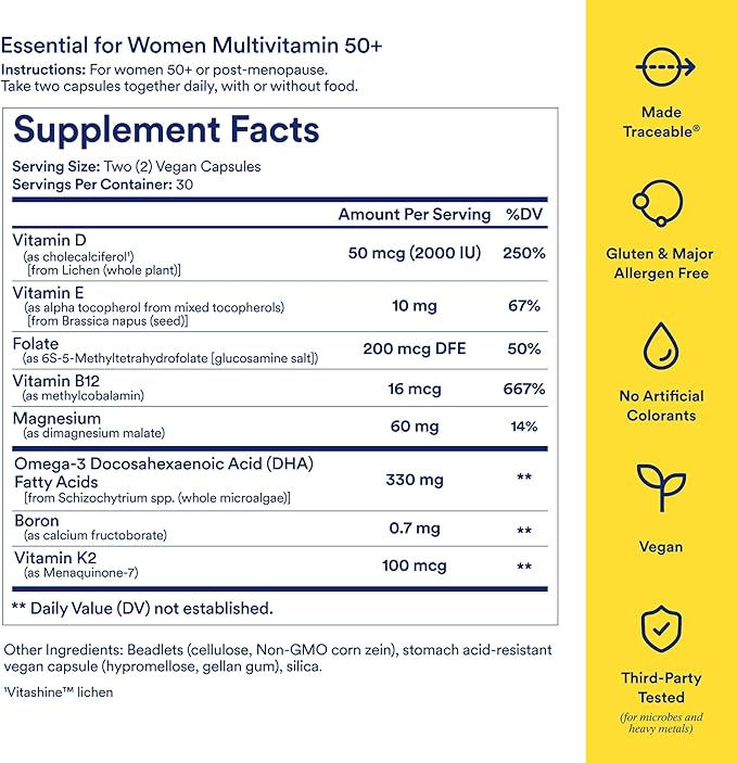 Ritual Multivitamin for Women 50+ Menopause Supplements with Vitamin D3 K2 and Magnesium for Bone Support* Omega-3 DHA Vitamin B12 Non-GMO Mint Essenced 30 Day Supply 60 Vegan Capsules