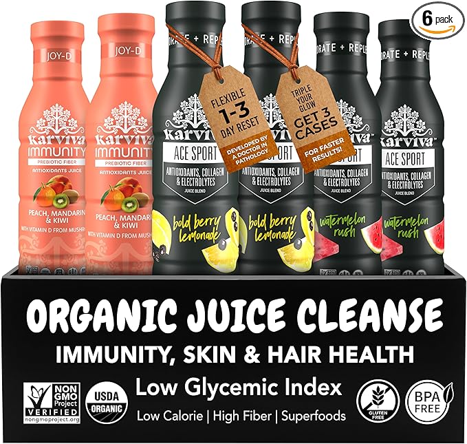 KARVIVA Immunity &amp Collagen Boost Juice Organic Wellness Juices with Prebiotics Collagen Natural Electrolyte Antioxidants Low-Sugar &amp Gluten Free 6 Bottles 12 oz