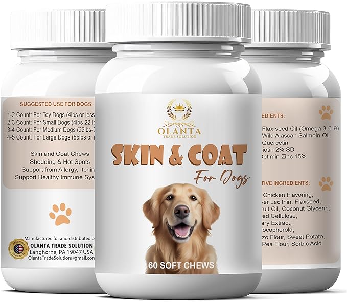 Omega 3 Dog Chews with Salmon Oil Biotin &amp Vitamin E White/Orange 120 Soft Chews 2 Bottles for Skin &amp Coat Support
