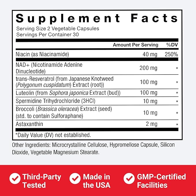 FORCE FACTOR NAD+ (NMN or Nicotinamide Riboside Alternative) with Resveratrol Astaxanthin Spermidine &amp Luteolin Complex NAD to Support Cellular Health &amp Healthy Aging 60 Capsules
