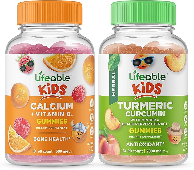 Lifeable Calcium with Vitamin D Kids + Turmeric Curcumin Kids Gummies Bundle - Great Tasting Vitamin Supplement Gluten Free GMO Free Chewable Gummy