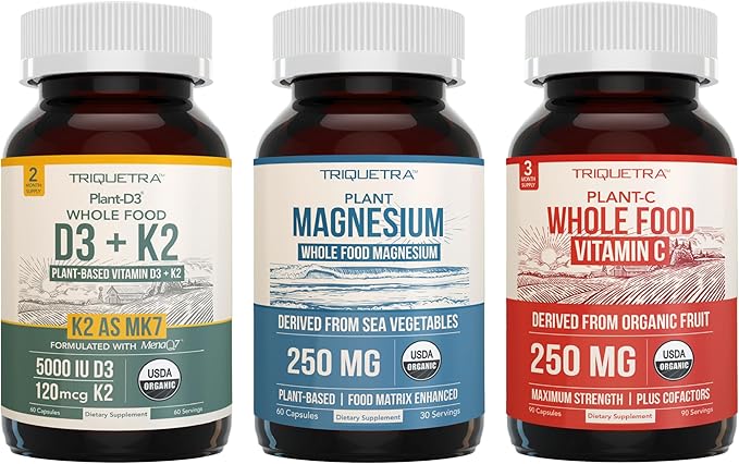 Magnesium (60 ct) Plant D3 5000 IU + K2 MK-7 (60 ct) &amp Whole-Food Vitamin C (90 servings) Bundle | Vegan Supplements for Energy Muscle &amp Immune Support | USDA Organic Non-GMO Gluten-Free