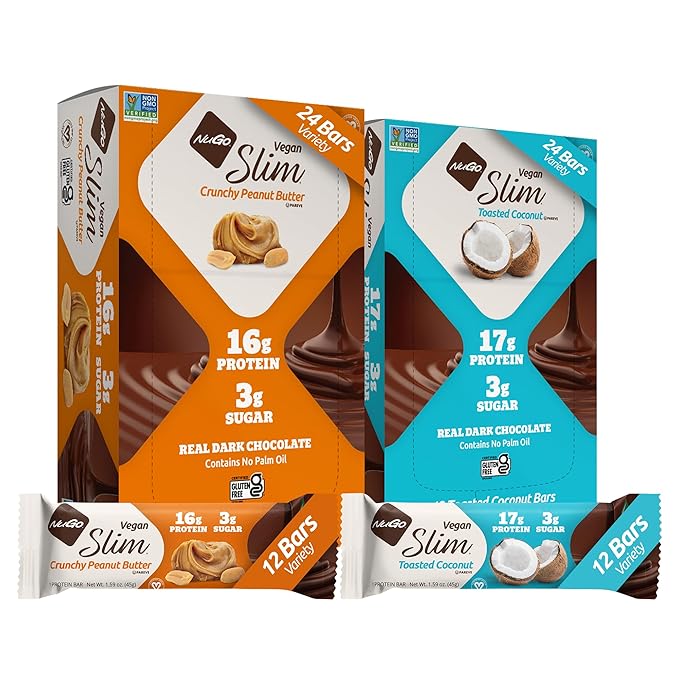 NuGo Slim 24ct Vegan Variety - Crunchy Peanut Butter 12 bars &amp Toasted Coconut 12 bars Low Net Carb Keto Friendly 16-17g Plant Based Protein Keto Friendly Gluten Free 24 count