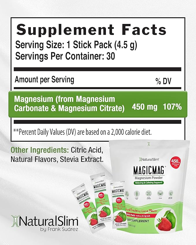 NaturalSlim Magicmag Pure Magnesium Citrate Powder – Stress Constipation Muscle and Heart Support | Magnesium Supplement Drink Mix Strawberry Lime 0.16 Ounce