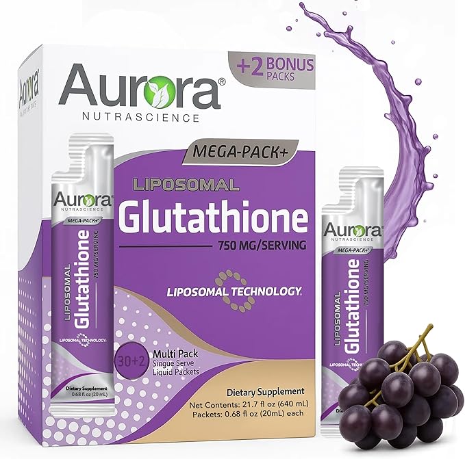 Aurora Nutrascience Mega-Pack Liposomal Glutathione Immune System Support Antioxidant 750 mg per Serving 32 Single-Serve Packets Gluten Free Non-GMO Sugar-Free 16 fl oz (480mL)