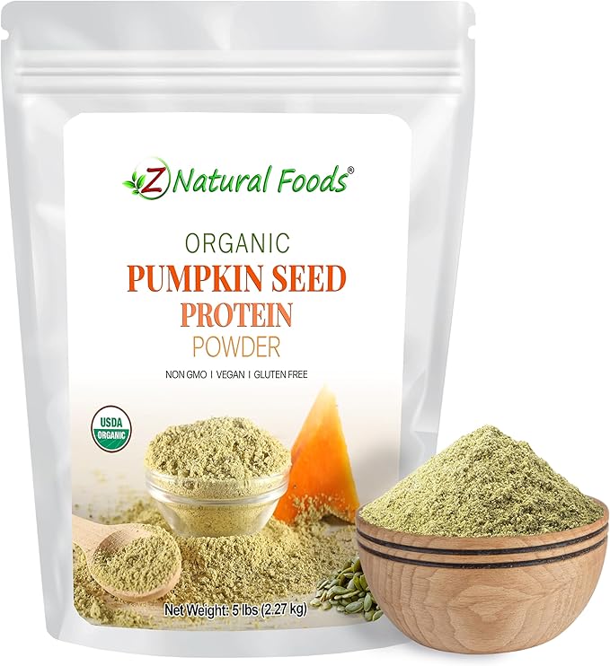 Z Natural Foods Organic Pumpkin Seed Protein Powder - Nutrient-Dense Fiber Supplement Vegan Pumpkin Protein Powder for Hair Skin Nails Muscle Health - Ideal for Smoothies Shake Baking Recipes 5 lbs