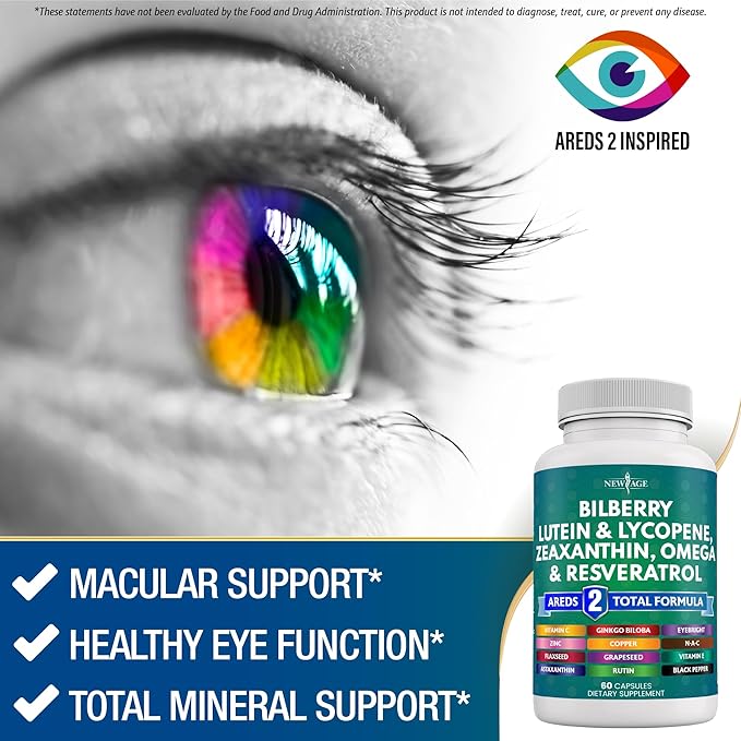 NEW AGE Eye Health Vitamins with Bilberry 300mg Lutein &amp Zeaxanthin 40mg Lycopene 40mg Resveratrol 100mg Grape Seed Extract 200mg Astaxanthin - Eye Vitamin -120 Count