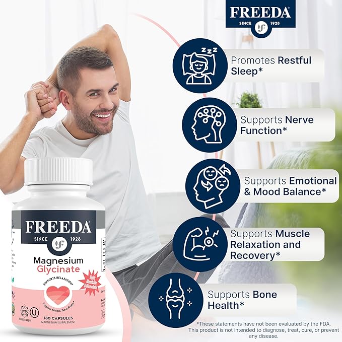 Freeda Magnesium Glycinate | High Absorption Chelated Magnesium | No Oxide | Supports Sleep Muscle &amp Nerve Function | Non-GMO Vegan Kosher | Gentle on Digestion | 180 Capsules