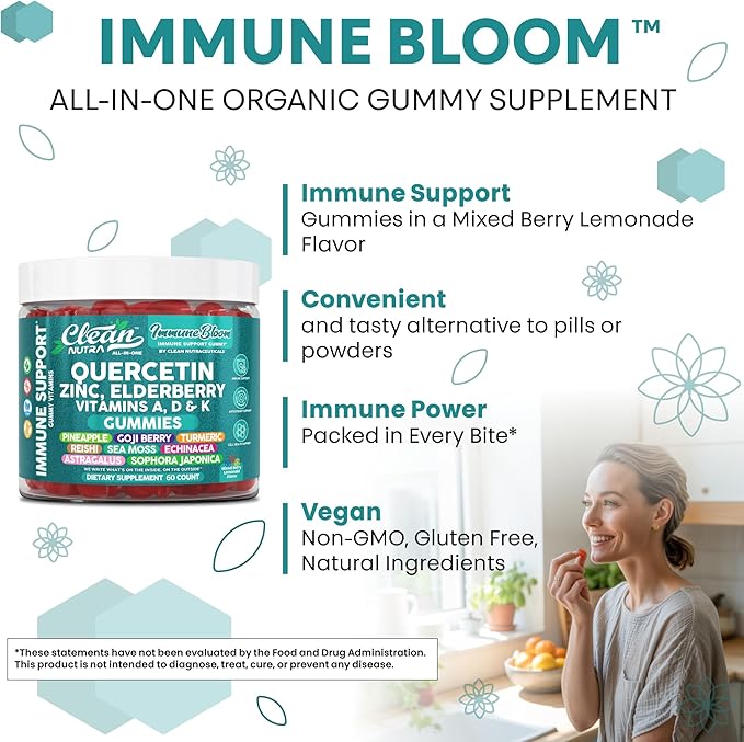 Clean Quercetin Elderberry Immune Support Gummies | Zinc Vitamin K2 D3 A Bromelain Goji Berry Turmeric Sea Moss Echinacea Astragalus Selenium Olive Leaf Immunity Supplement Gummy Vitamins