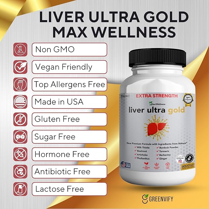Liver Ultra Gold Extra Strength Supplement 60 Veggie Capsules Natural Liver Support with Milk Thistle Beetroot Artichoke 30 Day Supply (5)