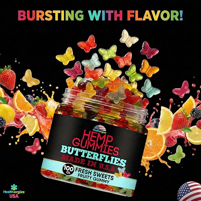 Hemp Gummies Edibles-Delicious Butterflies Gummy Bears-Fresh Fruity Flavors-Natural Candy Peace and Relaxation-for Sleep Calm Relax-Made in USA-100 Count