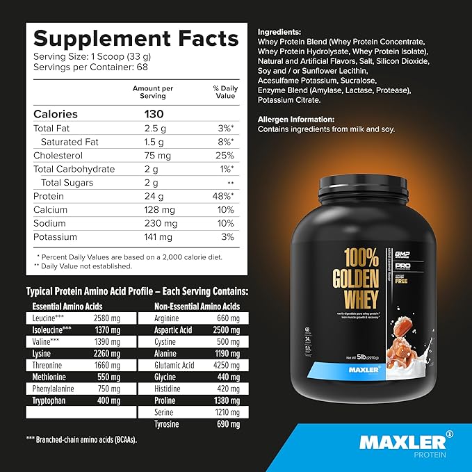 Maxler 100% Golden Whey Protein - 24g of Protein per Serving - Whey Protein Powder for Pre Post Workout - Fast-Absorbing Whey Concentrate Isolate &amp Hydrolysate Blend - Salted Caramel 5 lb