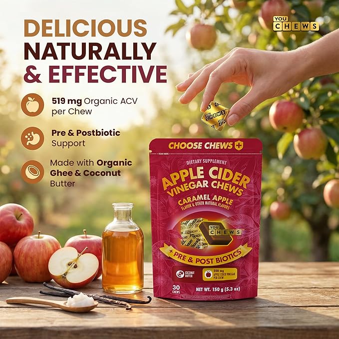 Apple Cider Vinegar Chews – 500 Mg Organic Apple Cider Vinegar Gummies with Prebiotics &amp Postbiotics | Gut Balance Support | Low Sugar Apple Cider Gummies | Caramel Flavor | 30 Chews Pack
