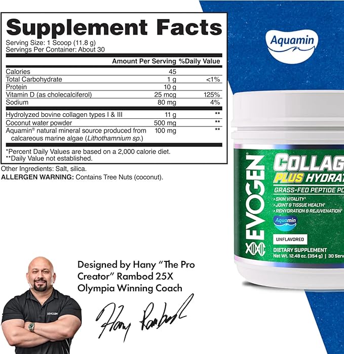Evogen Collagen Plus Hydration - Grass-Fed Collagen for Women &amp Men | Collagen Peptides Powder | Collagen Powder Supporting Skin Vitality Hydration Joint &amp Tissue Health | Unflavored | 30 Se