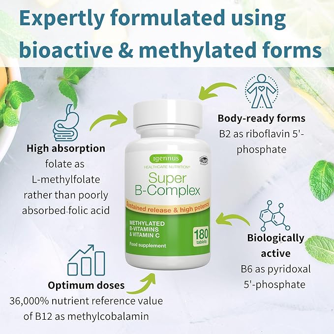 Super B-Complex 180 Tablets + Triple Magnesium Complex 180 Tablets Vegan Bundle Methylated Sustained Release B Complex + High Absorption Chelated Magnesium Glycinate Taurate &amp Citrate by Igennu