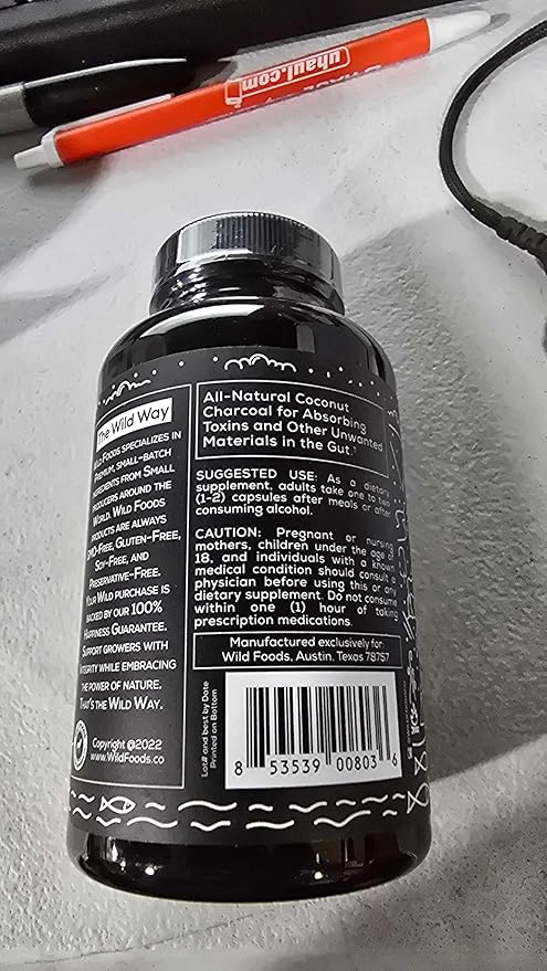 Wild Foods Activated Charcoal Capsules | 100% Organic Coconut Shells Active Tablets | Lab Tested &amp Non-GMO Pills | Made in USA (120 Capsules)