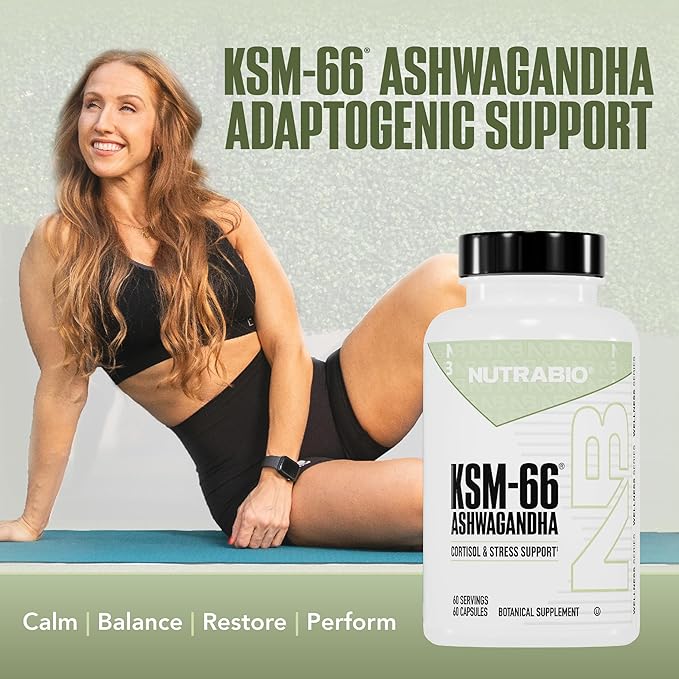 NutraBio Ashwagandha KSM-66 | Ashwagandha Herbal Supplement for Stress Mood &amp Performance | 600 MG of Clinically Studied KSM66 60 Capsules