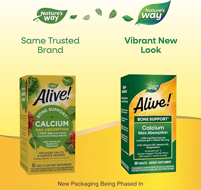 Nature’s Way Alive! Calcium Bone Support Tablets* Max Absorption Calcium Supplement with Vitamins D3 K2 &amp Magnesium Promotes Bone Health and Bone Density* Gluten Free 60 Tablets