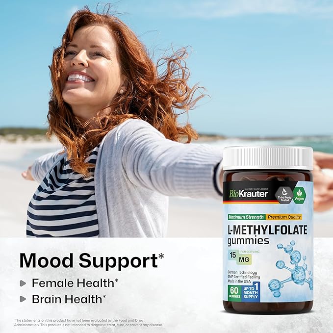 BIO KRAUTER® L Methylfolate Gummies for Folic Support - Folic Acid Gummies (Vitamin B9) MTHF Supplement for Mood Support - Folate Supplement 15 mg L-Methylfolate per Serving 60 Vegan Gummies