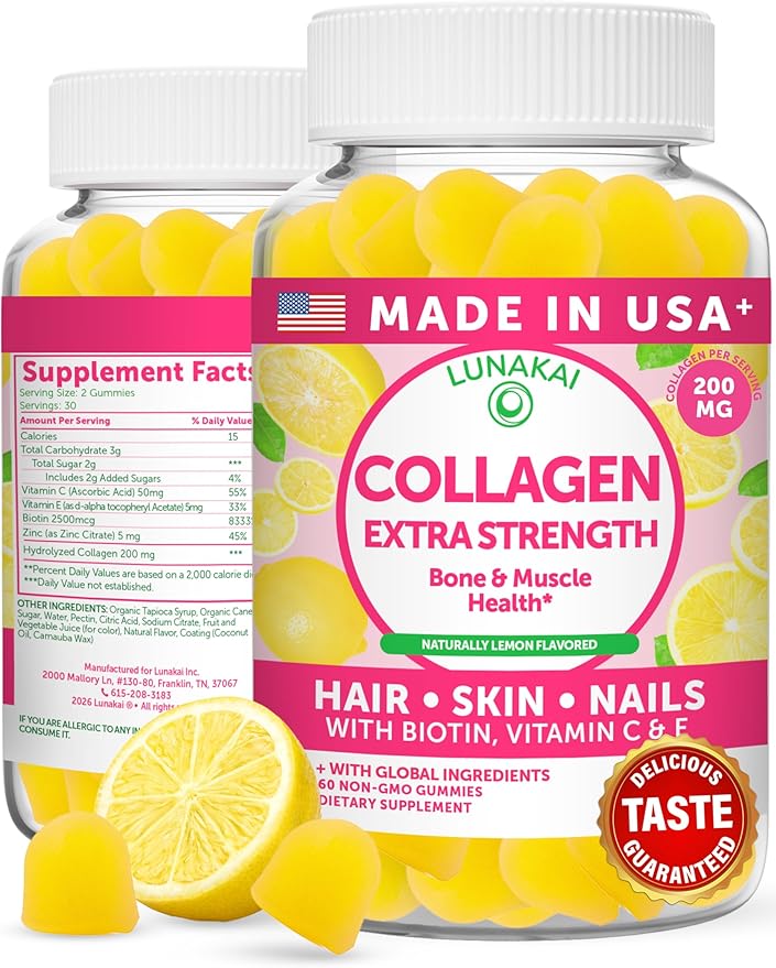 Lunakai USA Made Collagen Peptides Gummies - 200mg Non-GMO Anti-Aging Formula with Biotin Zinc Vitamins C &amp E for Hair Skin and Nails 60ct