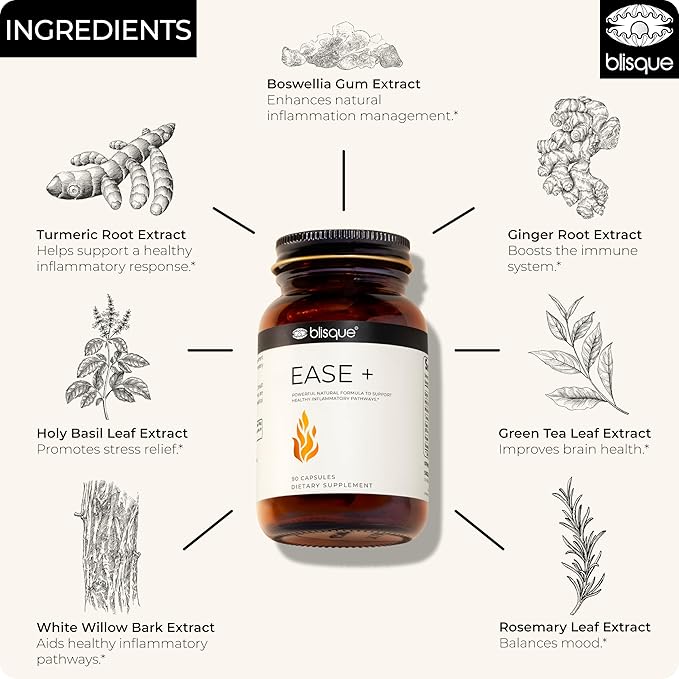 Blisque – Natural Inflammation Health Supplement Complex for Healthy Inflammatory Response | Doctor-Approved | with Turmeric Curcumin Ginger Root and Boswellia | 90 Capsules | Vegan and Non-GMO