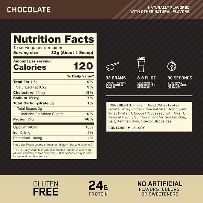 Optimum Nutrition Gold Standard 100% Whey Protein Powder Naturally Flavored Chocolate 15 Servings (Packaging May Vary)