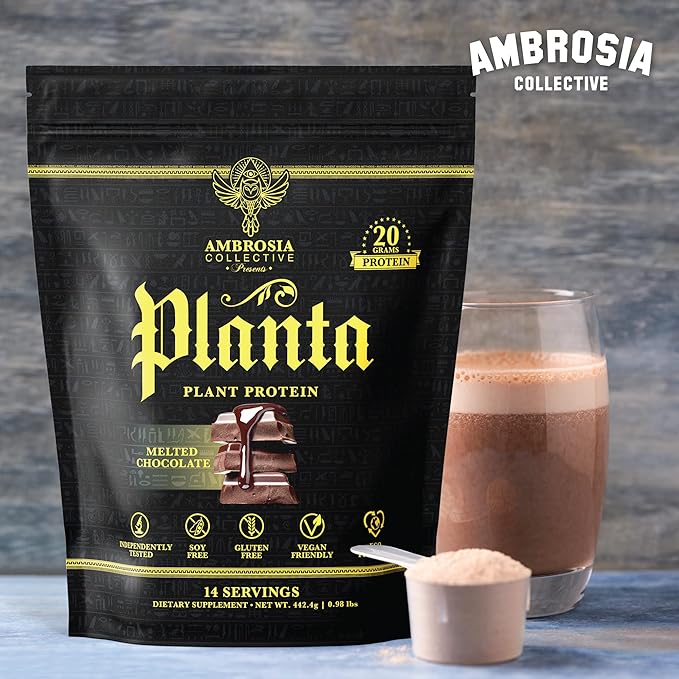 Ambrosia Planta - Premium Plant-Based Protein | Vegan &amp Keto Friendly | Gourmet Flavors with No Bloating or Stomach Upset | No Added Sugar | 14 Servings | (Melted Chocolate)
