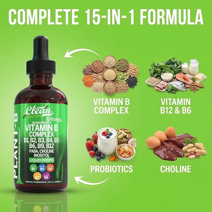 Vitamin B Complex Liquid Drops | Thiamine B1 B6 B2 B3 B4 B5 B7 B9 B12 Niacinamide Paba Choline Inositol Taurine Probiotics Beet Root Spirulina - Plant-B Vitamin Supplements by Clean Nutra