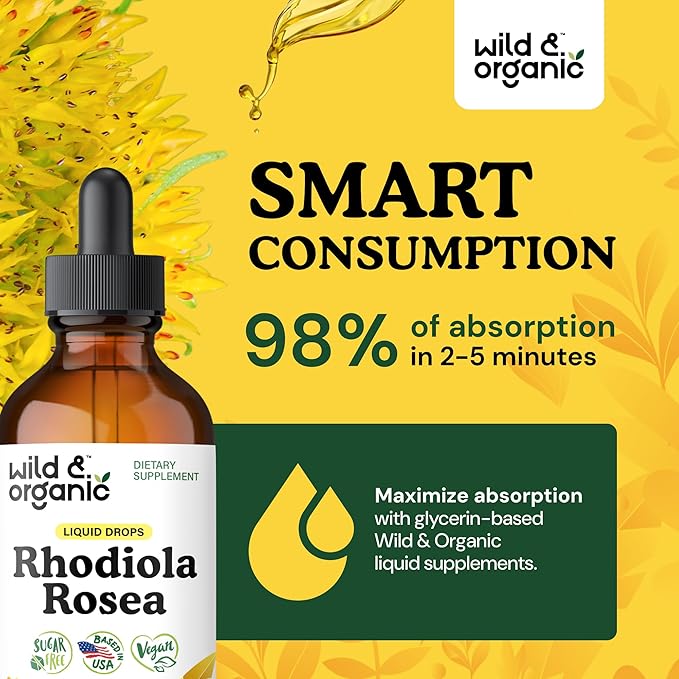 Wild &amp Organic Rhodiola Rosea Tincture - Rhodiola Rosea Supplement for Mood Support - Relaxing Root Extract Liquid Drops - Vegan Sugar &amp Alcohol-Free - 4 fl oz